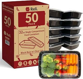 Reli Meal Prep Containers (50 Pack, 32 oz) - 1 Compartment Bento Boxes with Lids, Microwave Freezer Dishwasher Safe, Stackable Leakproof