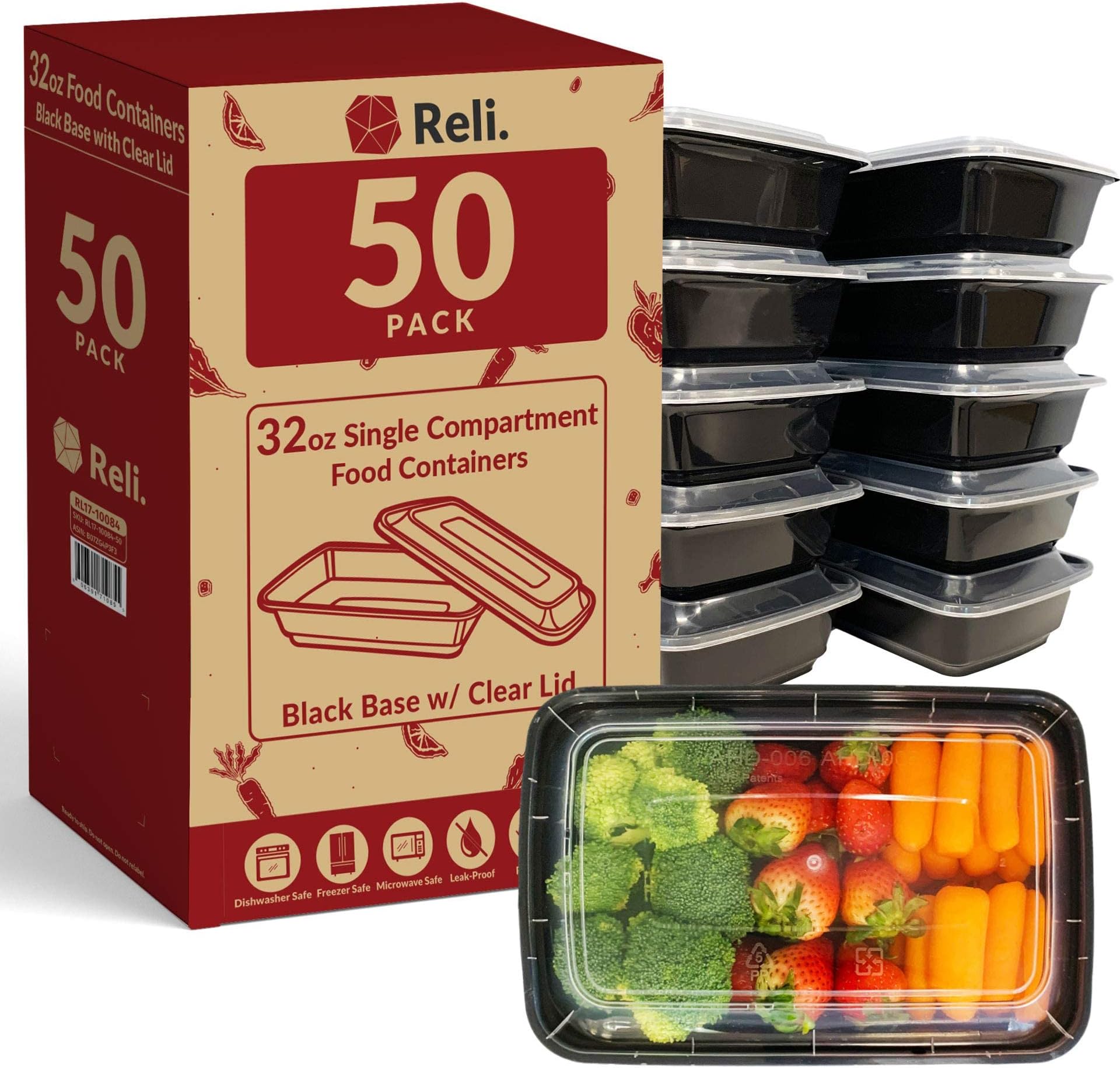 Reli. Meal Prep Containers (50 Pack, 32 oz.) | 1 Compartment Food Containers with Lids | Microwavable Freezer Dishwasher Safe - Bento Box