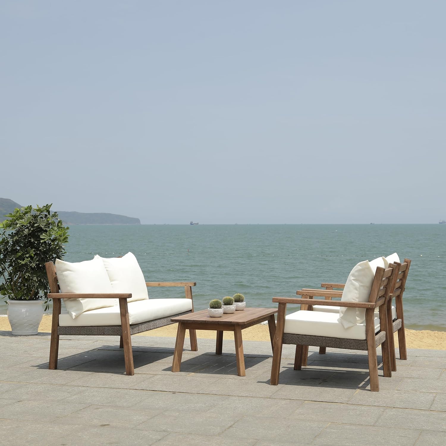 SAFAVIEH Outdoor Collection Reid Natural/Beige Solid Wood 4-Piece Conversation Patio Set