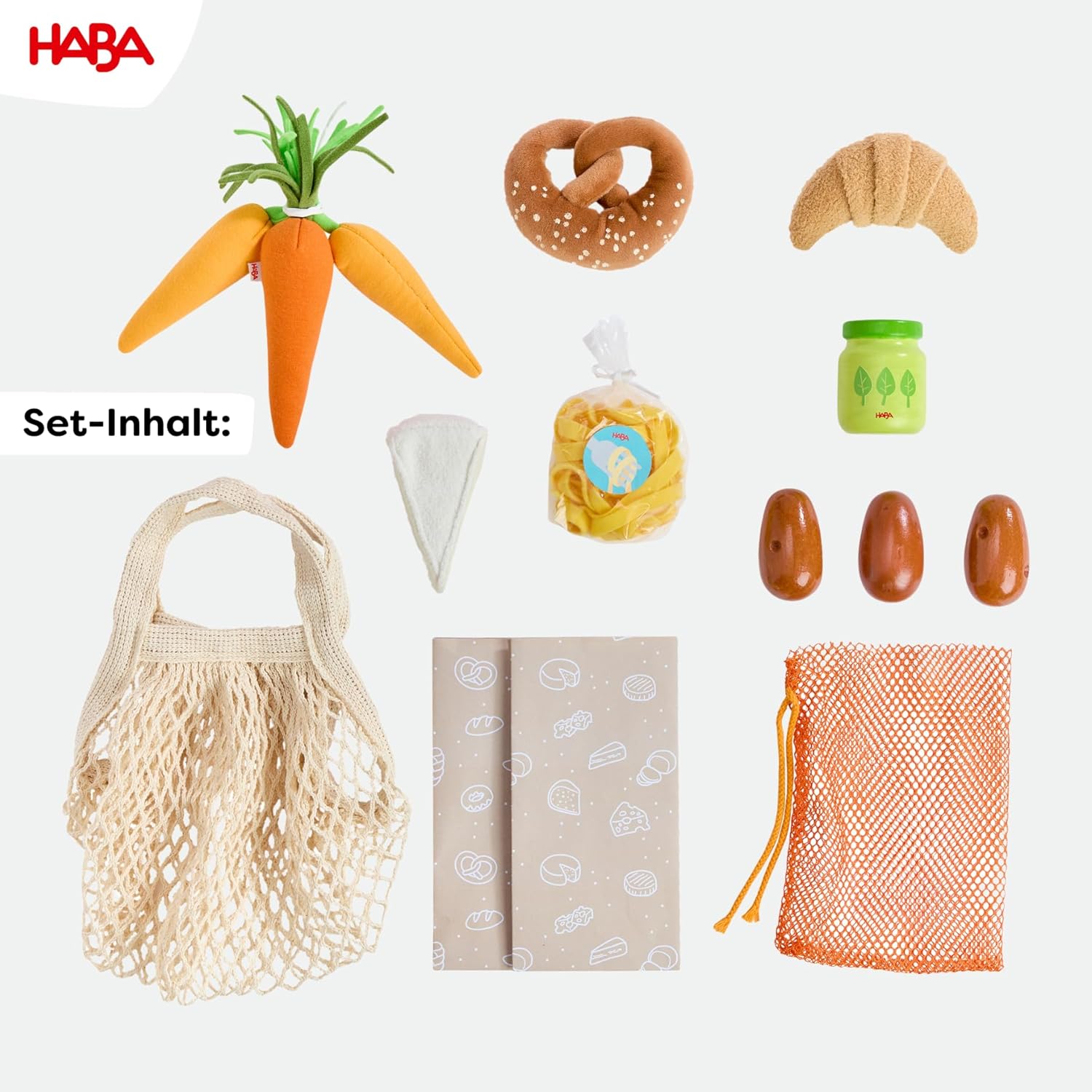 HABA Creative Play 2012304001 Toy Shopping Basket with Wooden Food and Fabric Accessories for Shop and Kitchen Play for Children from 3 Years