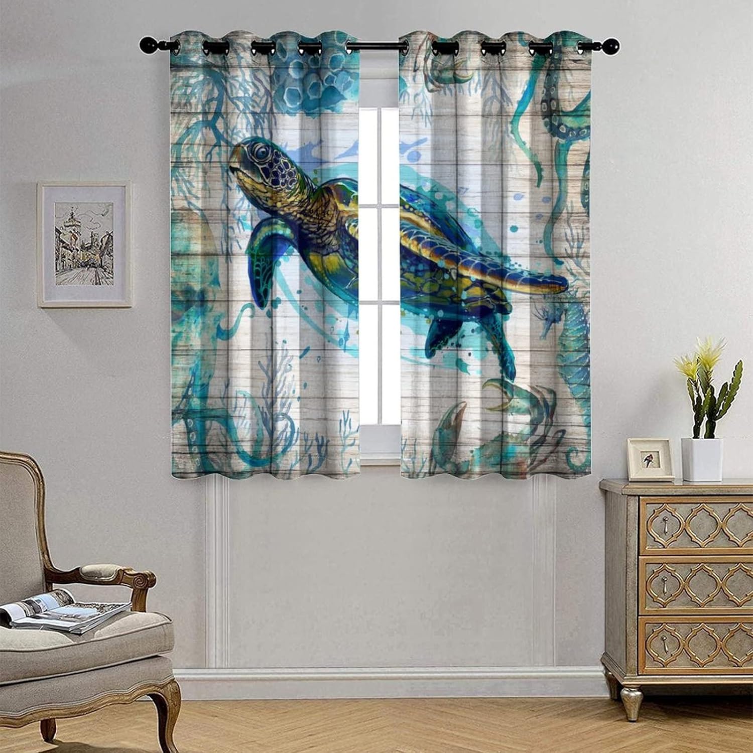 Watercolor Sea Turtle Blackout Curtains for Bedroom,Rustic Wooden Nautical Octopus Crab Ocean Decor Grommet Thermal Insulated Room Darkening Curtains Window Treatments 2 Panels 63L x 21W