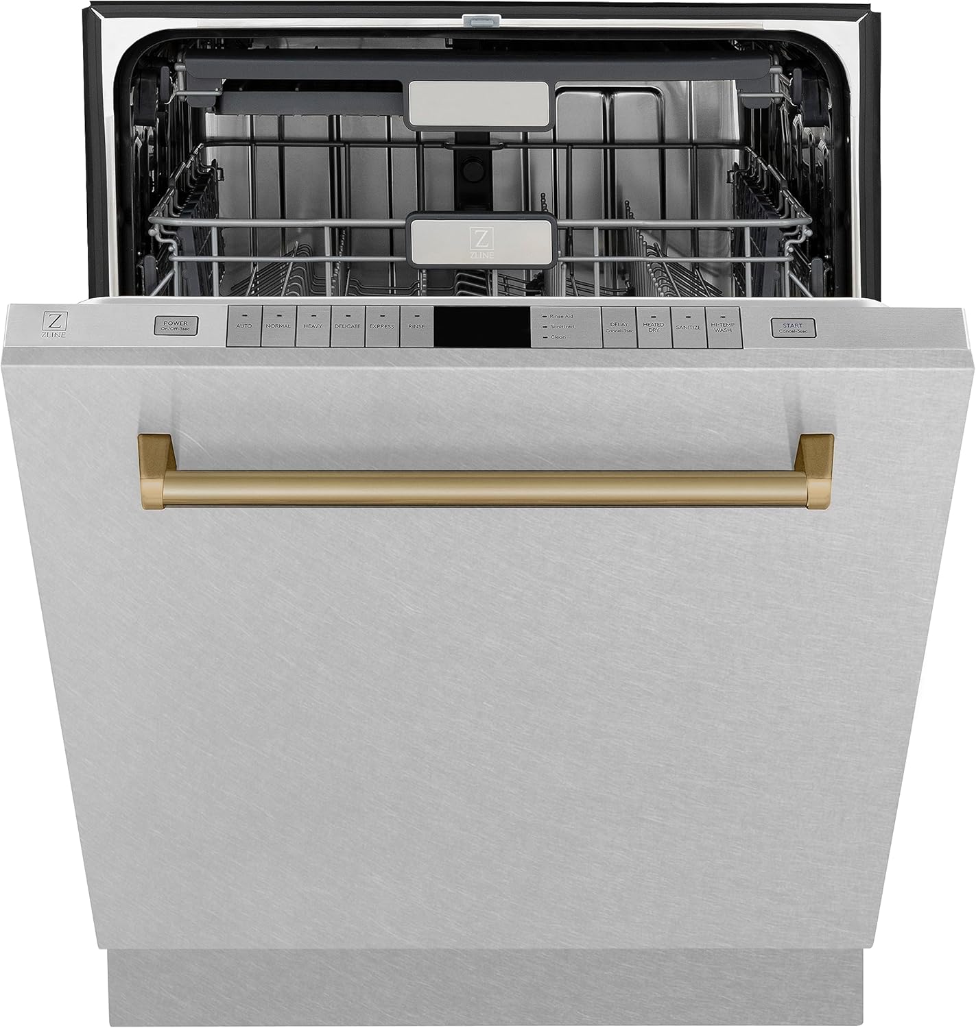 ZLINE Autograph Edition 24 in. Monument Series 3rd Rack Top Touch Control Tall Tub Dishwasher with Satin Stainless Steel Panel and Champagne Bronze Handle, 45dBa (DWMTZ-SN-24-CB)