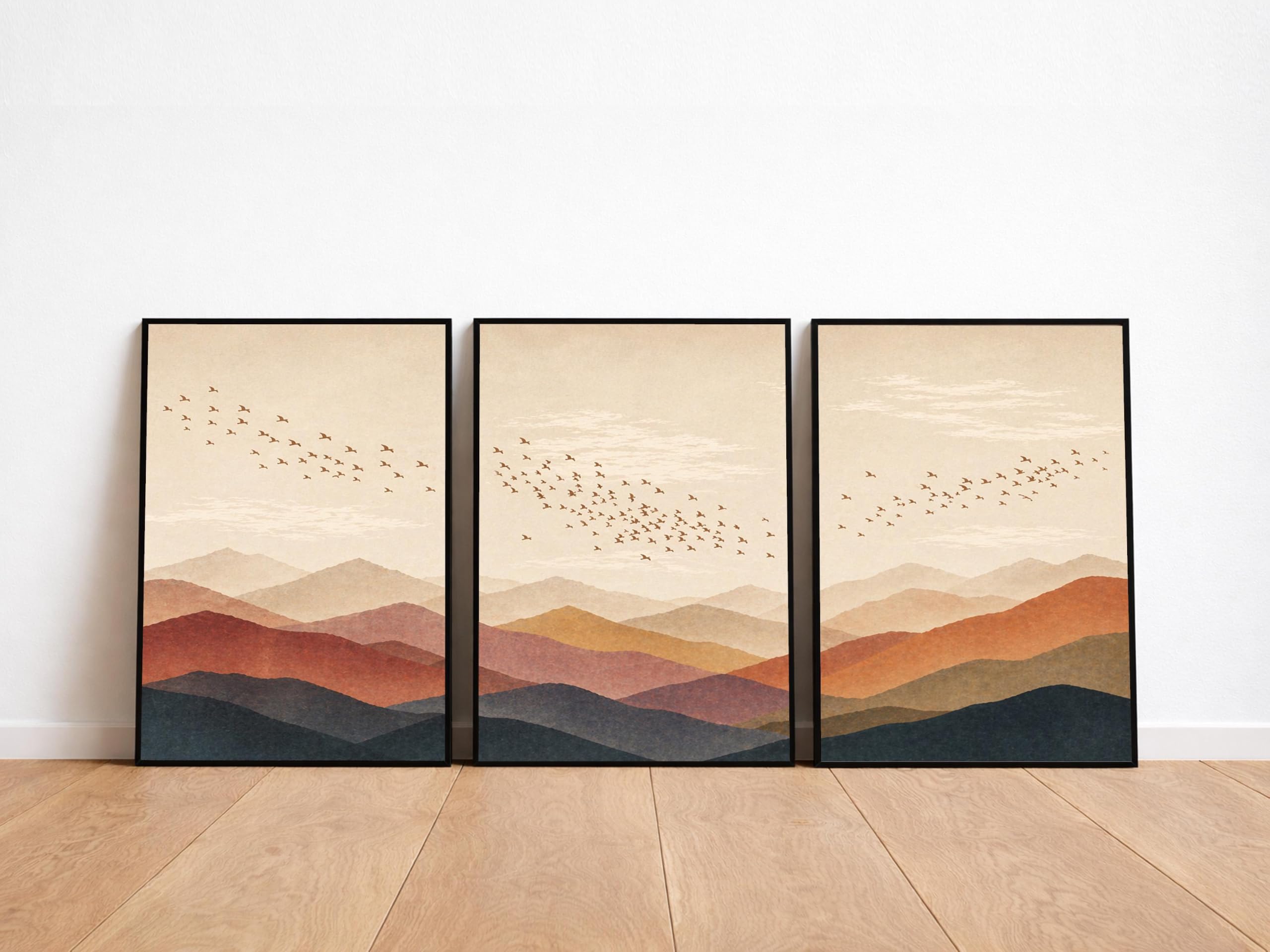 AMOSIJOY Mountain Wall Art Prints Set of 3, Landscape Wall Decor Posters, Minimalist Sunset Mountain Artwork, Bohemian Nature Prints for Home Living Room Bedroom Decoration, Unframed (21x30cm)