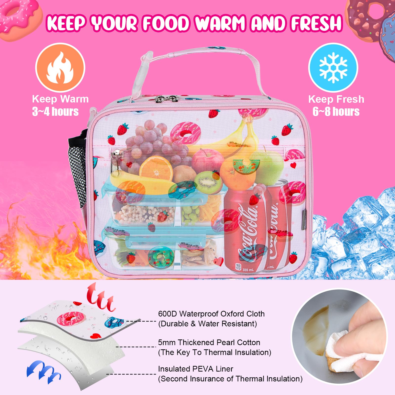Homtibrm Insulated Lunch Bag, Kids Lunch Cool Bag with Adjustable Strap - Image 3