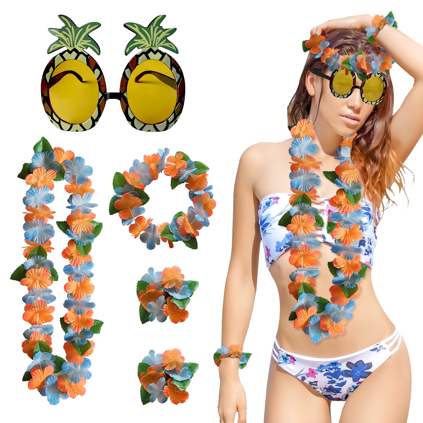 Muiltvoe 5Pcs Hawaiian Fancy Dress Hawaiian Leis With Novelty Pineapple Sunglasses Flower Garland Necklace Headband Wristband Set For Luau Accessories Tropical Beach Party Decor Dance Performance