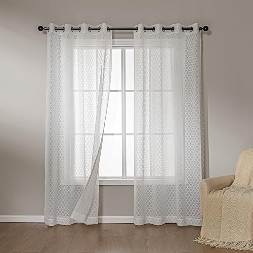 Amazon Basics Lace Sheer Curtains for Living Room and Bedroom, 2-Panel Set with Grommet, 52" W × 84" L, White Cloverleaf
