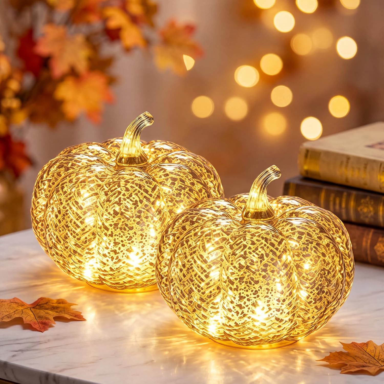 Glooglitter 2 Pcs Mercury Glass Pumpkin Lights with Timer Fall Table Decor