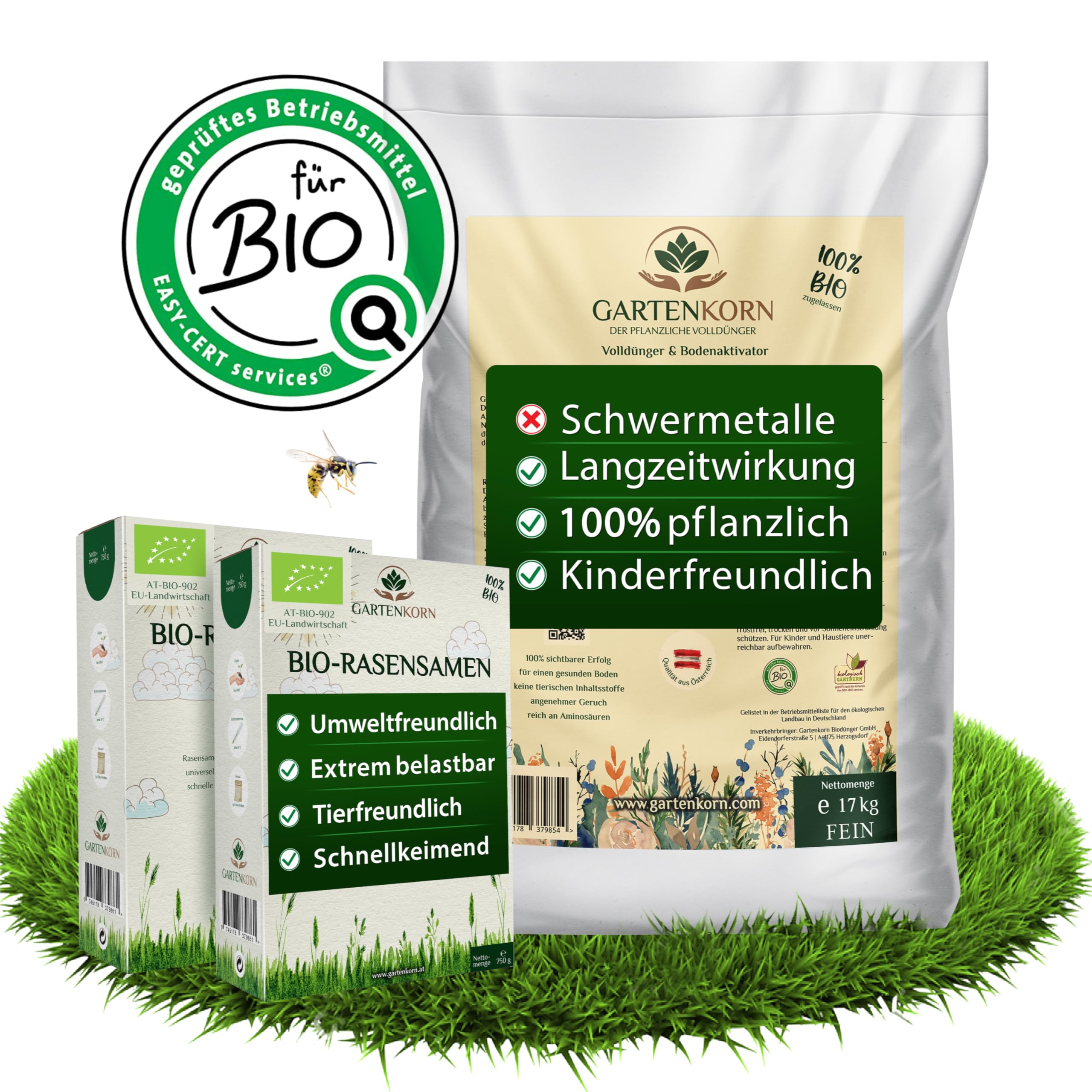 Bio Rasen Set mit Dünger & Rasensamen für 60m² - Grassamen mit Langzeit Volldünger & Bodenaktivator für Lücken & Rasen Nachsaat, organisch & vegan, unbedenklich für Kinder und Haustiere
