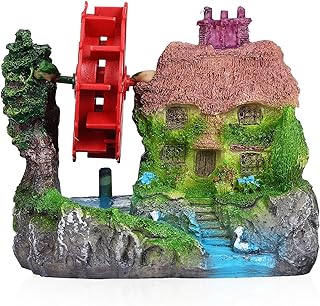 POPETPOP Aquarium Mountain View Stone with Windmill - Aquarium Decoration Resin Rockery Fish Tank Decorations Fish Tank Landscaping Ornaments Aquarium Caves and Hides for Fish