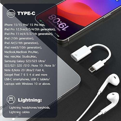 Miniatura 2 de Adaptador USB-C macho a Lightning hembra, convertidor tipo C a Lightning para audio, carga y datos, apto para auriculares Lightning, iPhone 15,