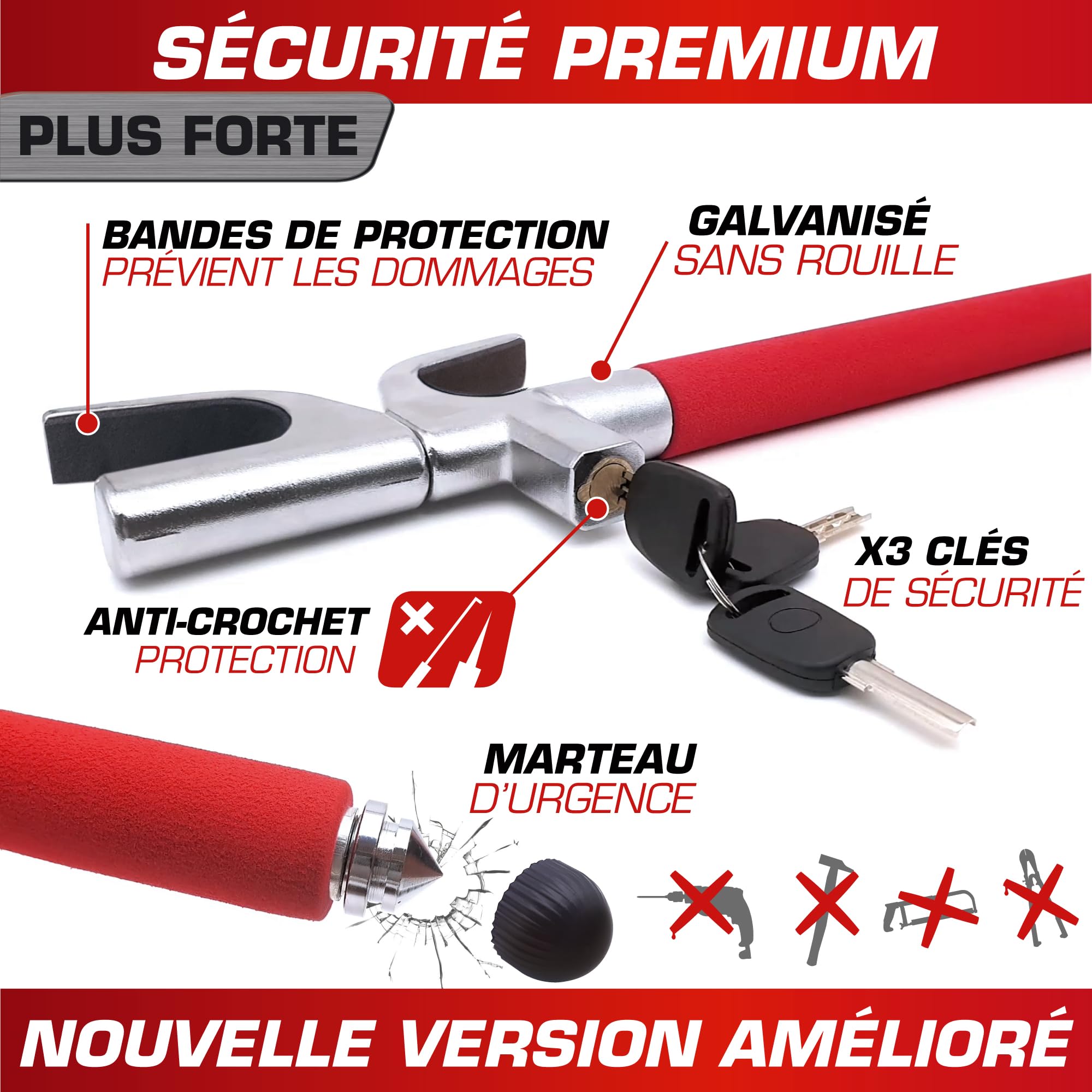 Antivol Volant Radikal RK1002 - Canne Bloquante Rouge Avec Marteau Brise-vitre