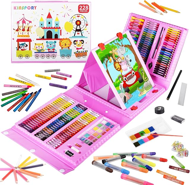 KINSPORY Art Set for Kids, 228PCS Art Kits For Kids, Deluxe Painting Art Set, Coloring Drawing Art Supplies Case Gift for Artists Teens Adults Boys Girls 4 5 6 7 8 9 10 11 12 (Pink)