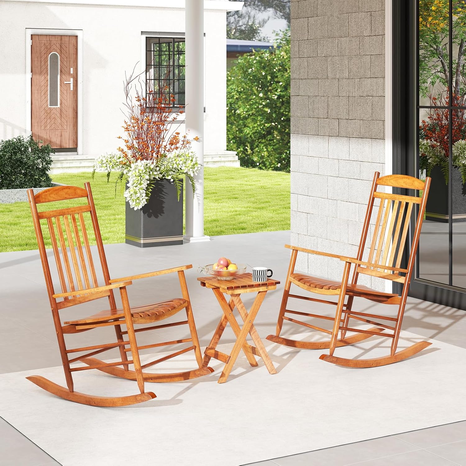 Tangkula 3-Piece Outdoor Poplar Wood Rocking Bistro Set, High Back Front Porch Rocker Chairs Conversation Set with Folding Coffee Table and Armrests, Outdoor Patio Furniture Set for Balcony Backyard