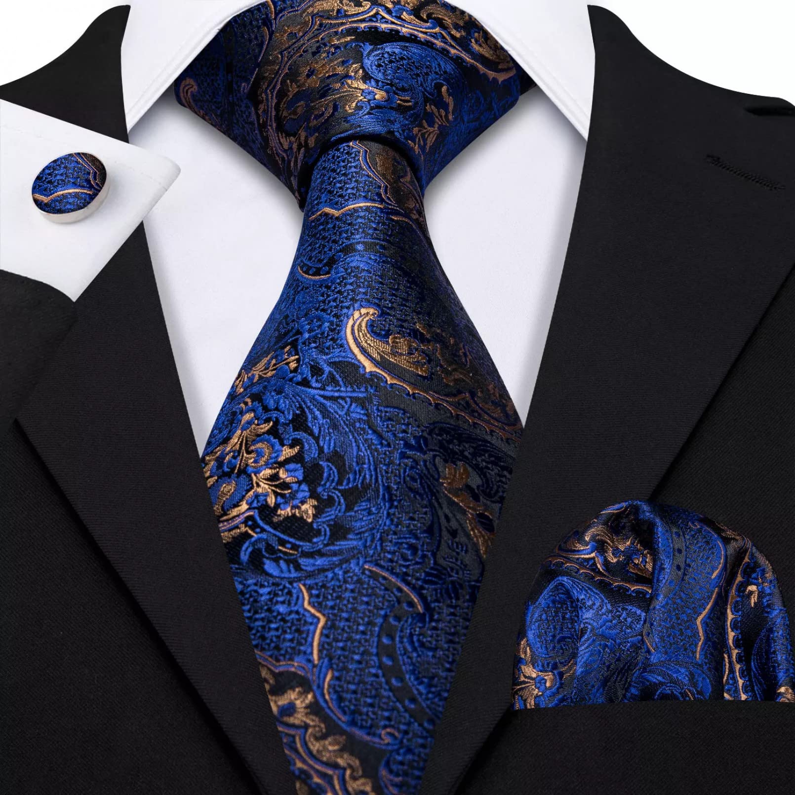 Cravatta Uomo Con Fazzoletto E Foulard Abbinato Fantasia Paisley Blu Giallo
