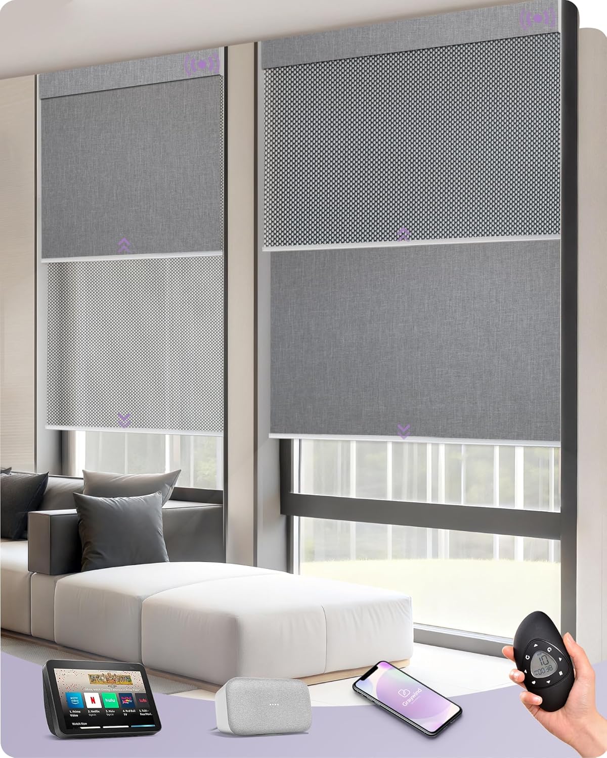 Graywind Motorized Dual Shades for Windows Smart Double Blinds Blackout and Sheer Motorized Blinds with Remote Alexa Google Control Day Night Shades, Custom Size (Blackout Linen Beige)
