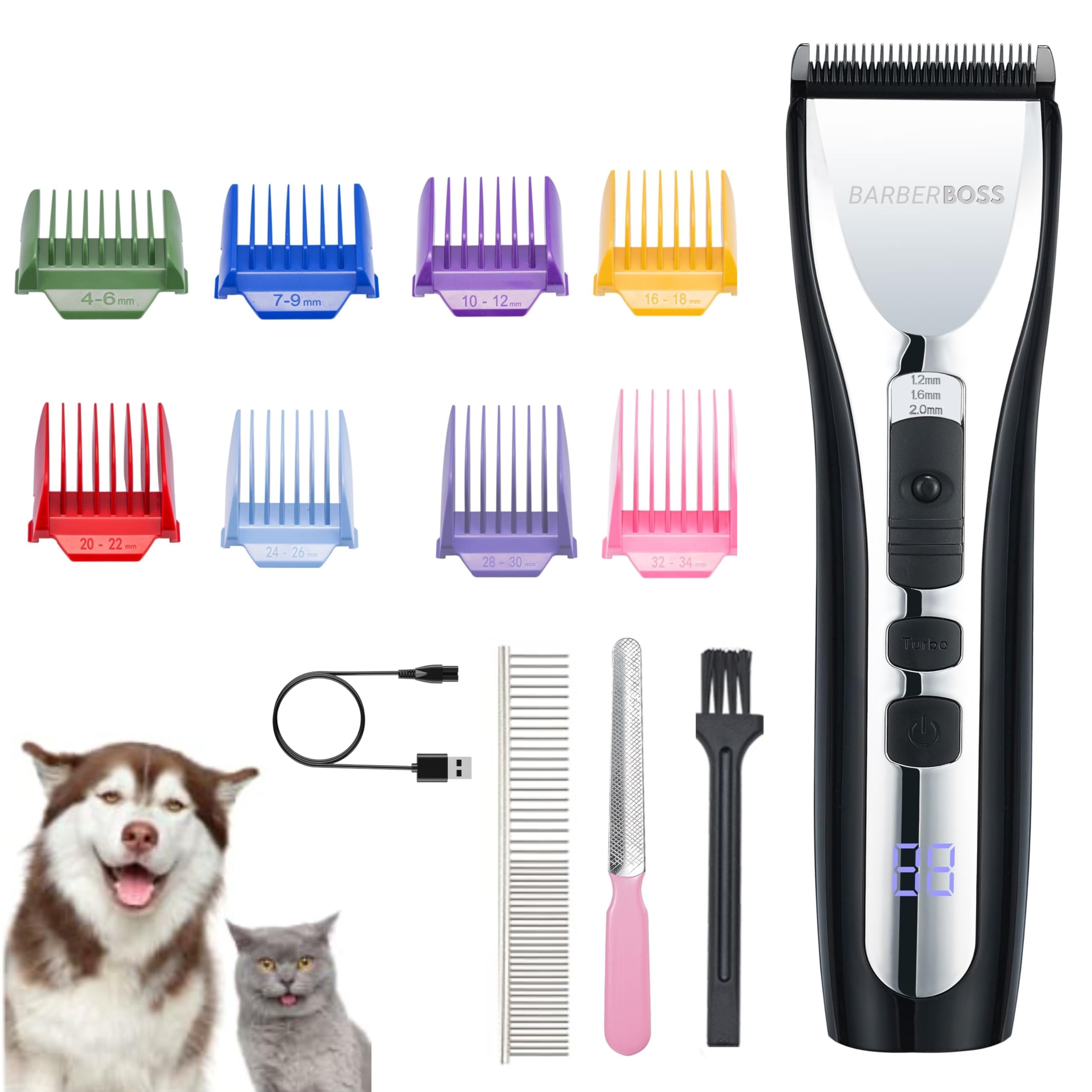 BarberBoss Cordless Pet Hair Clipper for Dogs & Cats, Low Noise Grooming Trimmer for Thick & Matted Fur with LED Display, Adjustable Speeds & Guide Combs, Professional Dog Groomer