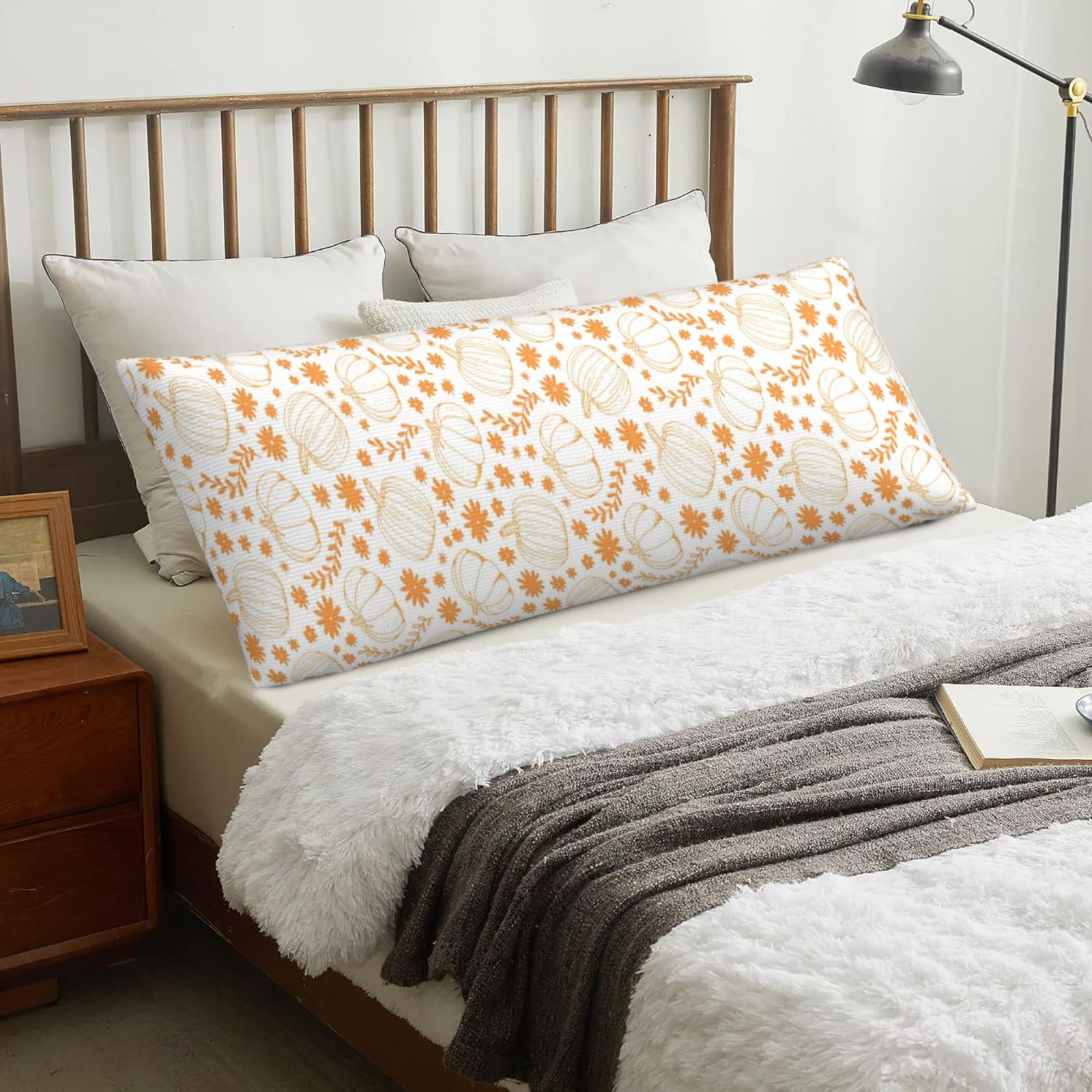 Autumn Pumpkin Flower Leaf, Body Pillow Cover with Zipper,Long Body Pillowcase 20 x 60 in