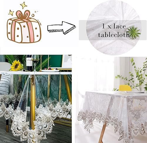 Miniatura 3 de Mantel rectangular de plástico transparente, impermeable, de vinilo, PVC, bordado, borde de encaje, transparente, para cocina, uso en exteriores e