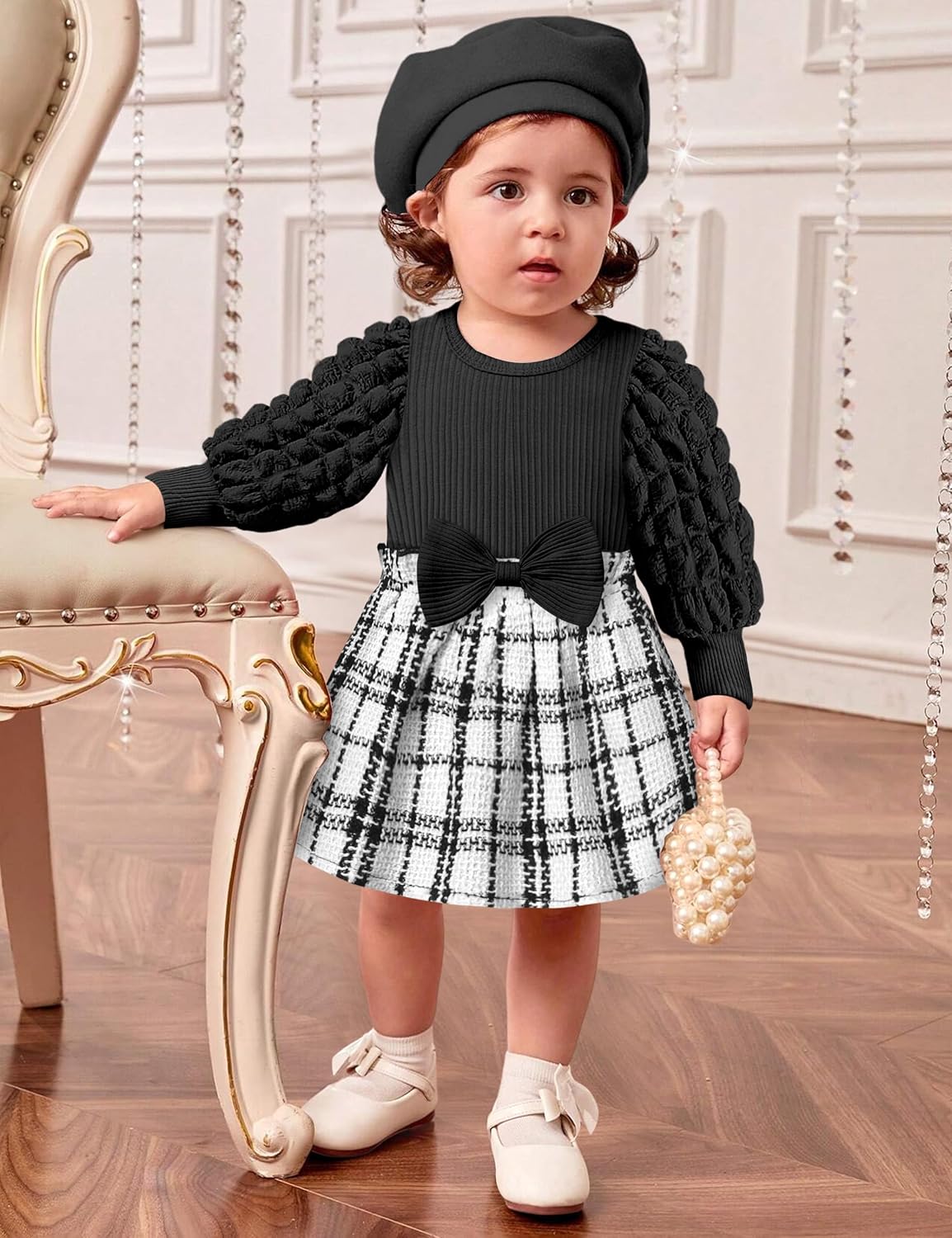 Qaoerde Baby Girl Dress Puff Sleeve Plaid Dress Ribbed Newborn Dress Clothes Fall Winter Outfits with Bowknot Headband - Image 3