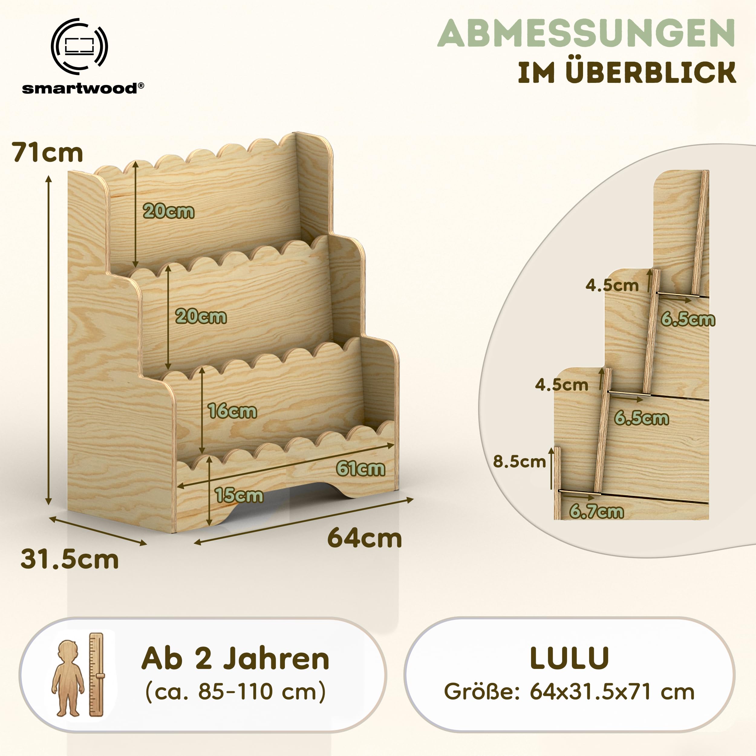 smartwood Montessori Bücherregal Kinder, FSC-Kiefernholz, Natur, LULU | 3-stufig, 64x31,5x71 cm, Einfache Montage, FSC-zertifiziert, bietet Platz für Bücher & Spielzeug, ideal für Kinderzimmer