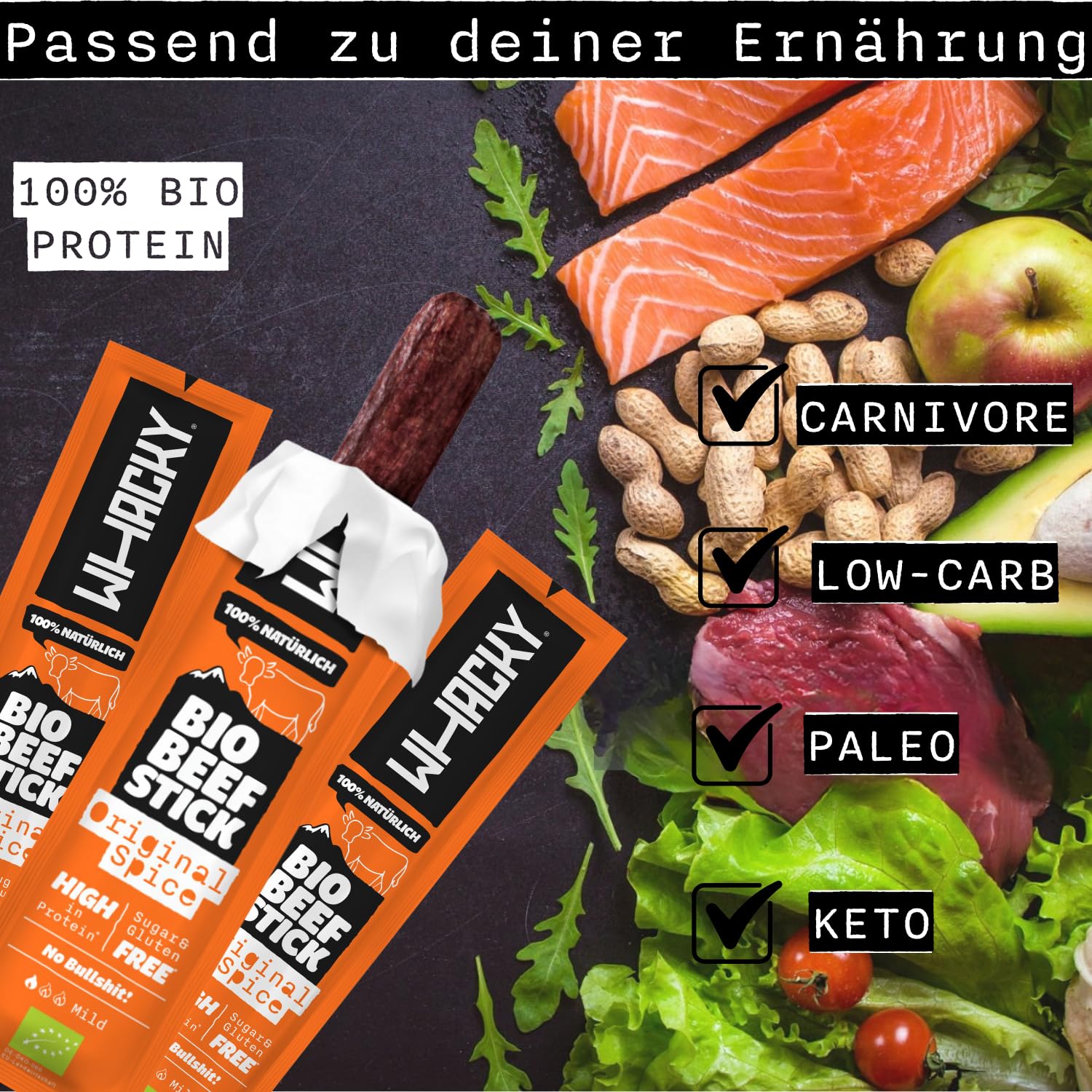 Whacky Bio Beef Sticks – Original Spice (9x 32g) Protein Snack aus Rindfleisch – Salami Sticks ohne Zucker – Low Carb, für Fitness, Keto, Outdoor & Unterwegs – Pfeffer Geschmack