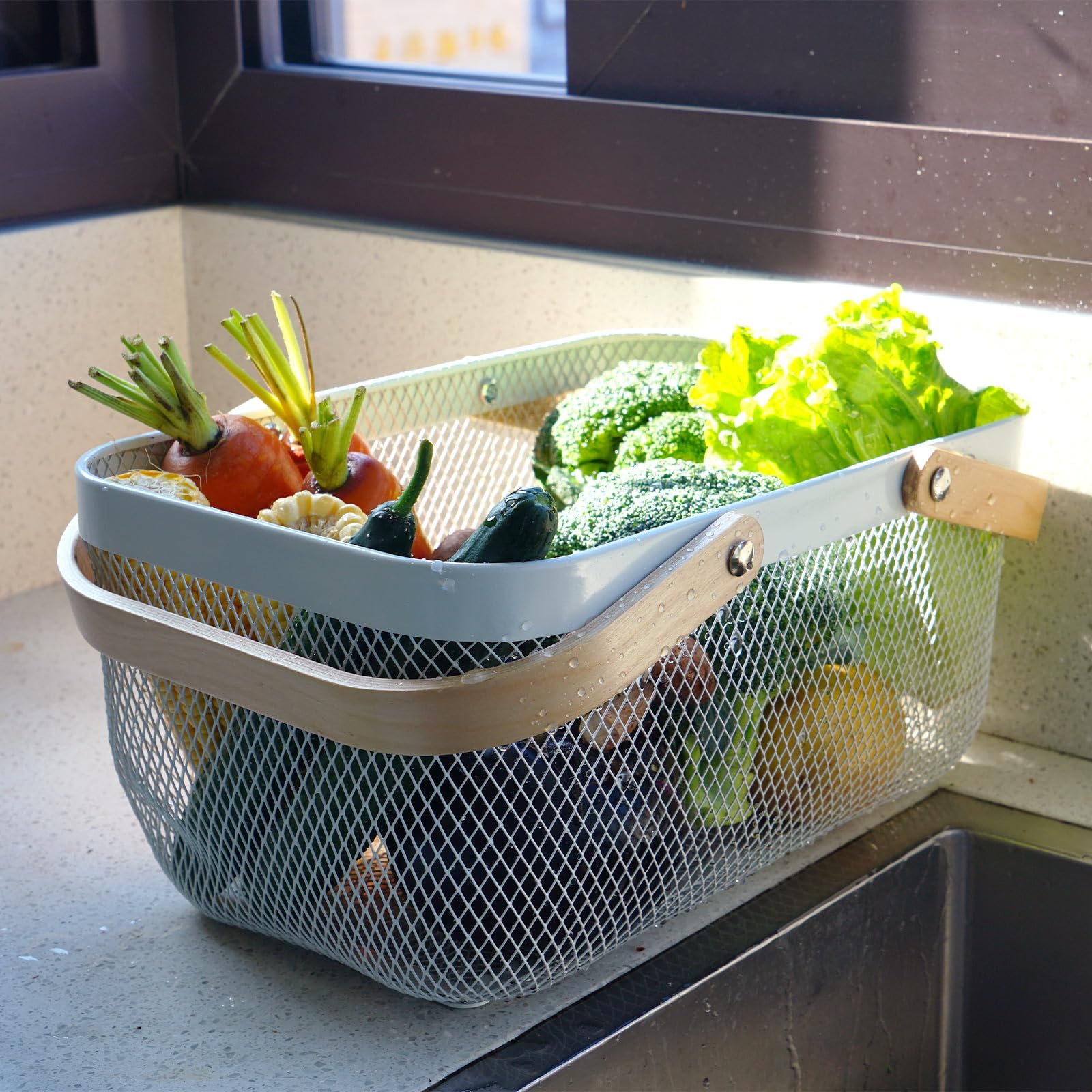 Cesta de cosecha de acero de malla metálica, cesta rectangular de alambre para jardín con asa, organizador de almacenamiento multifuncional para recoger verduras, frutas, cocina, jardín