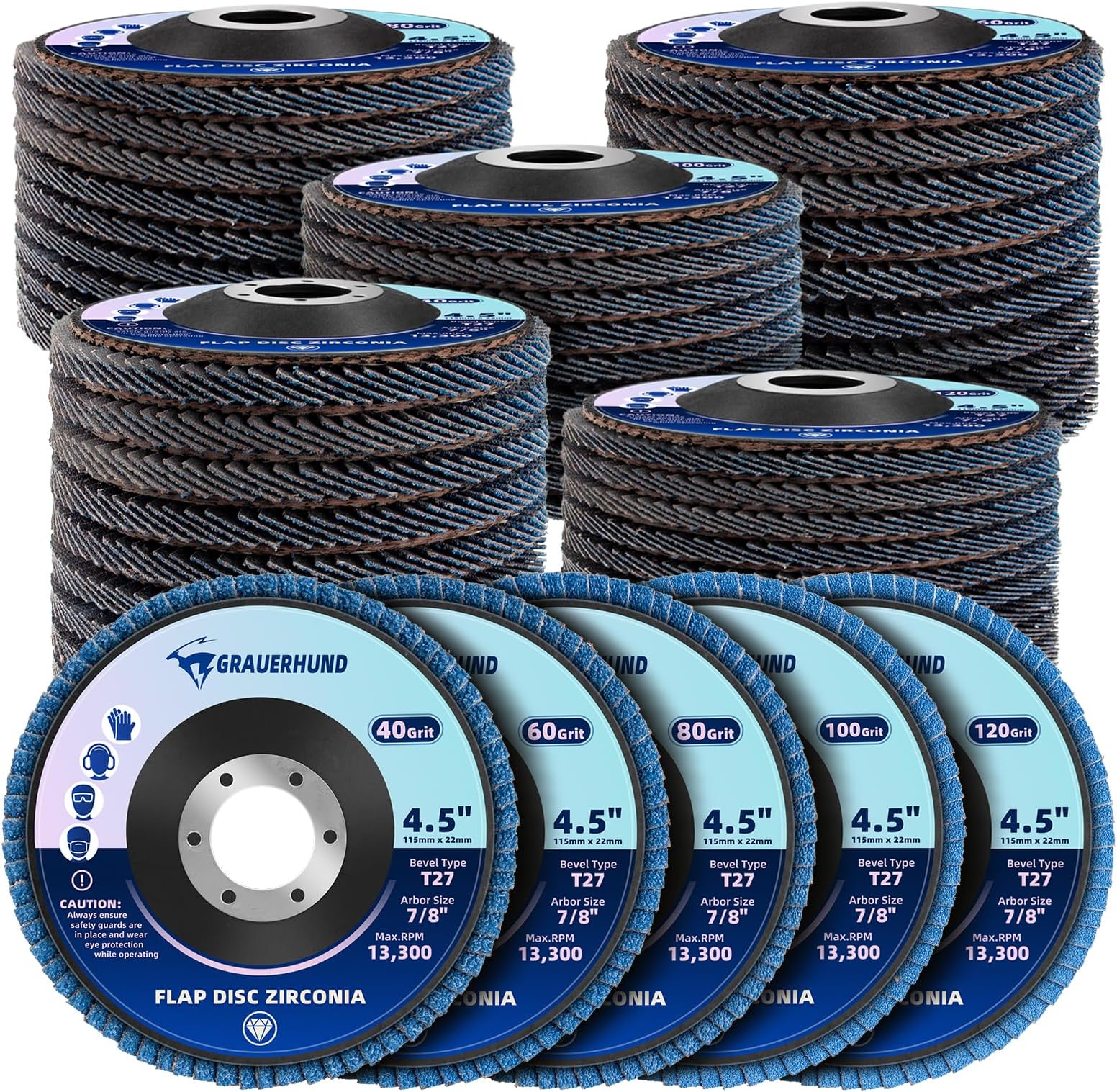 50 Pack Flap Discs 4 1/2" x 7/8" for Angle Grinder, 40/60/80/100/120 Grit T27 Flap Sanding Discs, 4 1/2 Inch Grinding Wheels, Zirconia Grinding Discs for Metal, Wood, and Stainless Steel Finishing