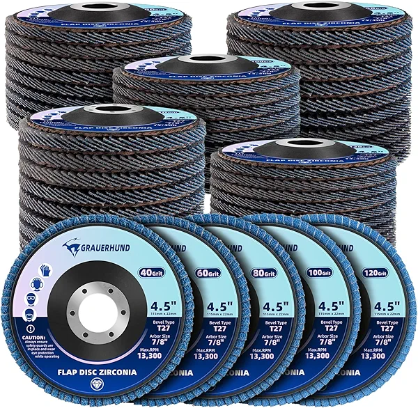 50 Pack Flap Discs 4 1/2" x 7/8" for Angle Grinder, 40/60/80/100/120 Grit T27 Flap Sanding Discs, 4 1/2 Inch Grinding Wheels, Zirconia Grinding Discs for Metal, Wood, and Stainless Steel Finishing