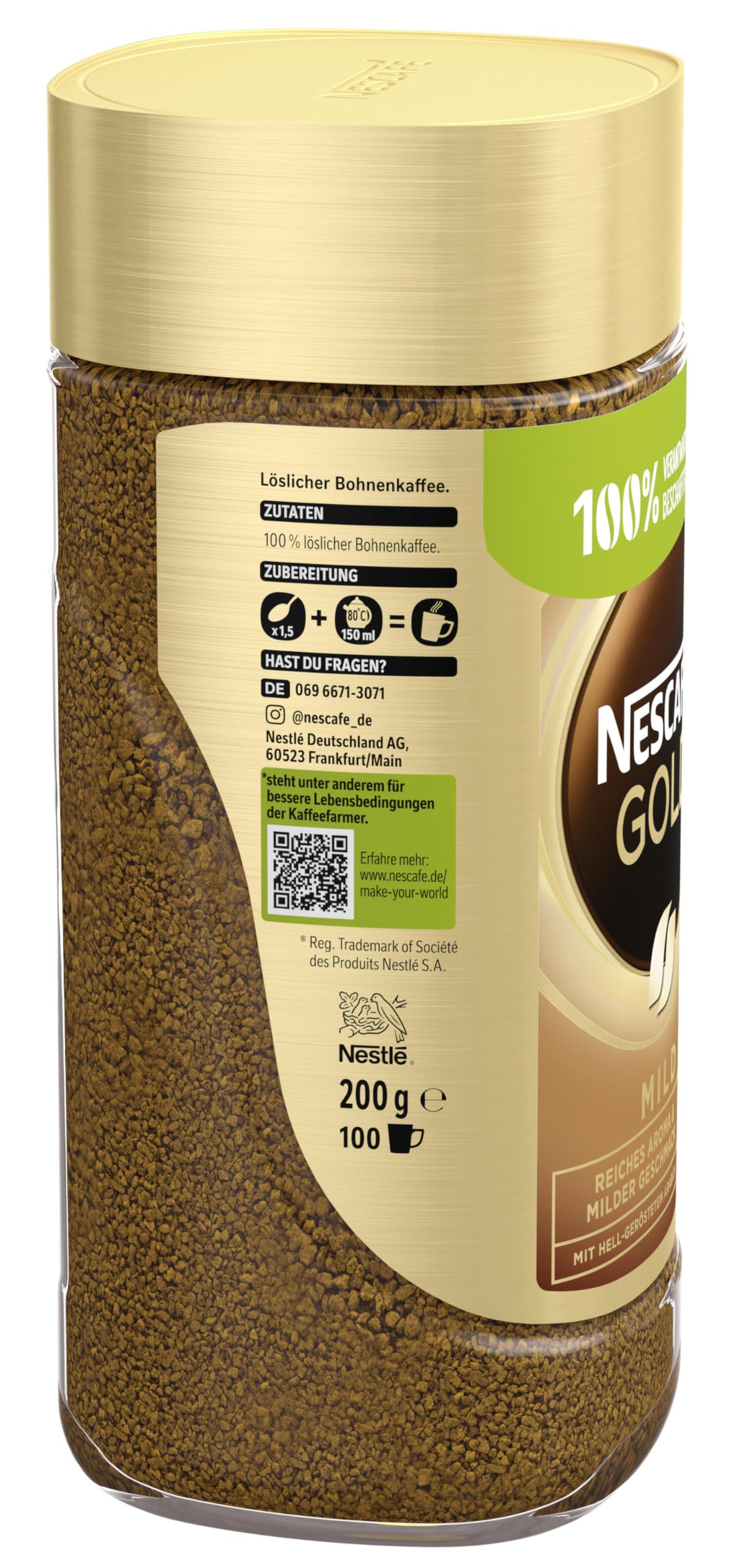 NESCAFÉ GOLD Mild, löslicher Bohnenkaffee, Instant-Kaffee aus erlesenen Kaffeebohnen, koffeinhaltig, 6er Pack (6x200g)