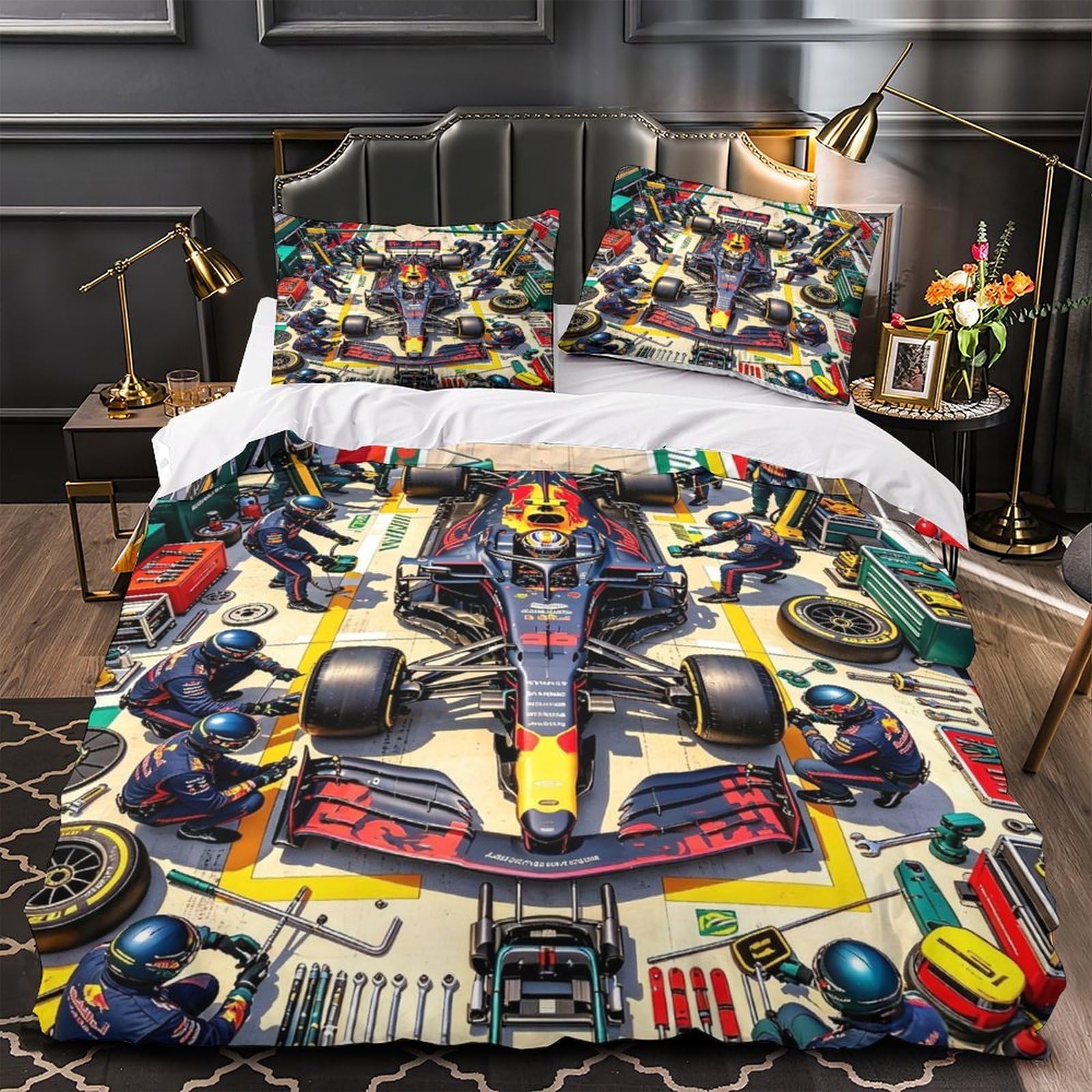 DAFUfbw Colorful Formulaa Racing Bed Linen Set King（220x240cm）, Pit Stop Duvet Cover with Pillowcases, Soft Microfiber Quilt Cover Set