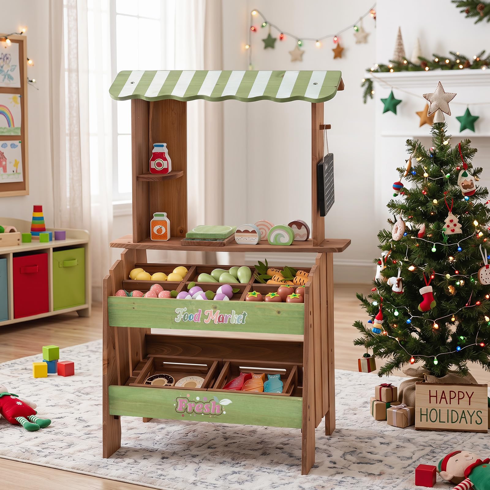 COSTWAY Bancarella in Legno per Bambini, Banco Mercato Giocattolo | con 6 Vani e 2 Cestini Estraibili, con Tetto, Lavagna, Bilancia e Accessori, per Bambini 3+ Anni, 50 x 33 x 91 cm