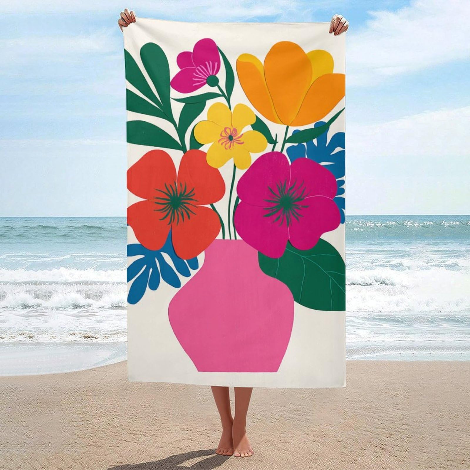 asbwuo Flowers in an Organic Pink Vase Beach Towel