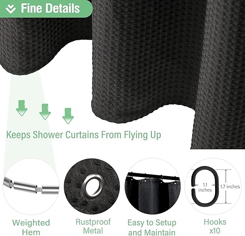 Vista 365 de Dynamene Cortina de ducha larga de tela negra – Cortinas de ducha de tela alta y resistente con textura de gofre, juego de cortina de baño de lujo
