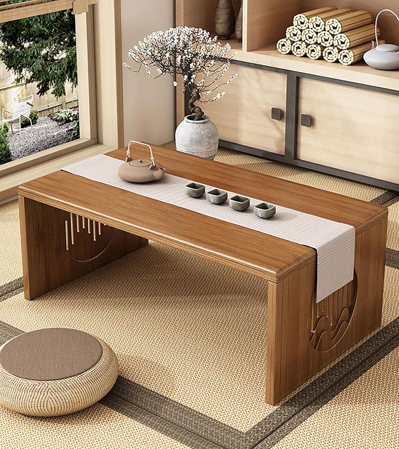 Foldable Japanese Floor Table Japanese Folding Table No Assembly, Bamboo Japanese Coffee Table, Portable Solid Wood Folding Coffee Table for Sitting on The Floor, Low Meditation Table Easy Storage