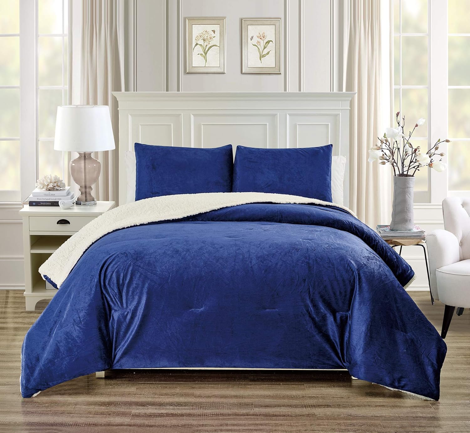 GrandLinen 3 Piece QUEEN Size Solid Navy Blue Micromink Velvet Comforter Set with