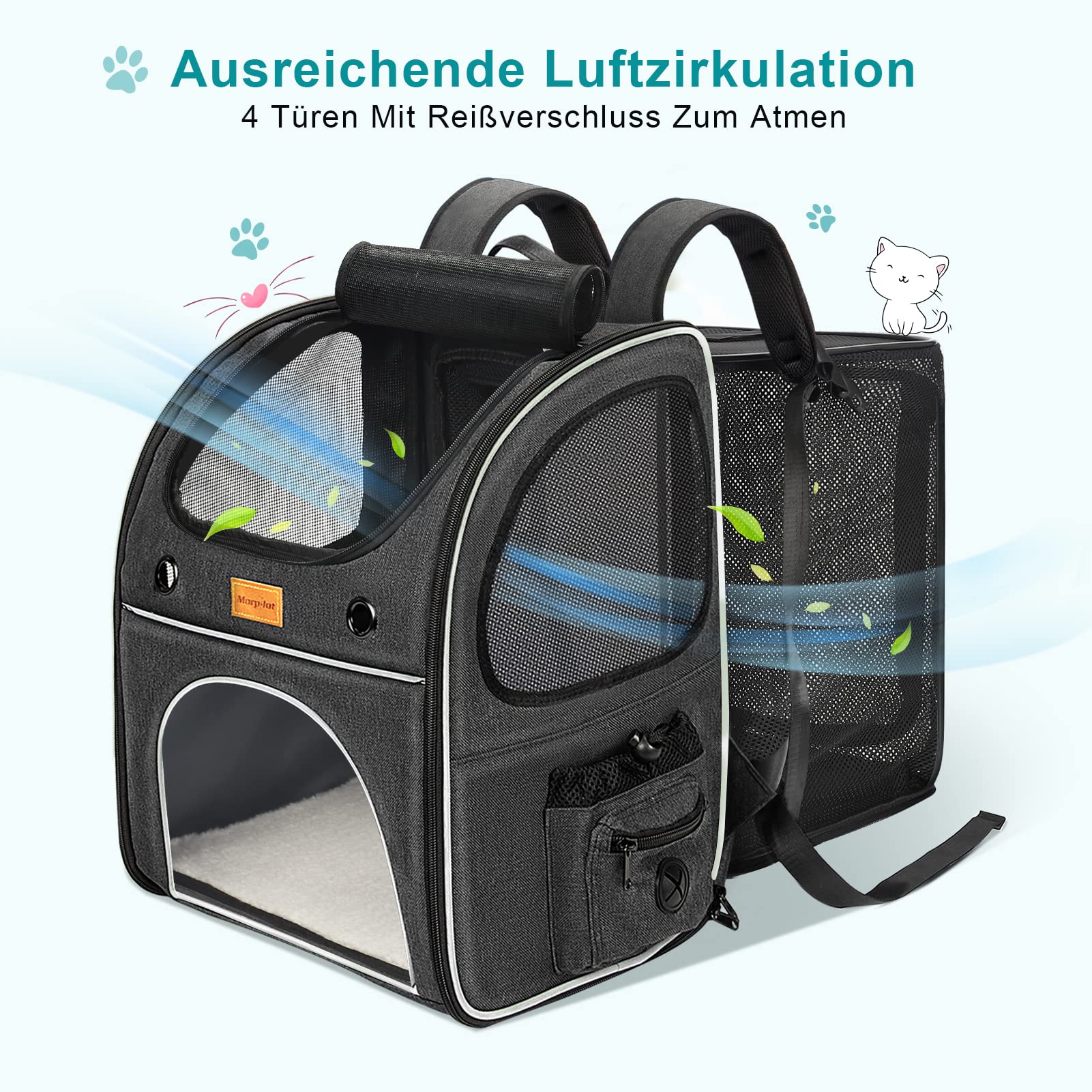 Morpilot Katzenrucksack Große Katzen, Erweiterbar Hunderucksack bis 8 kg Katzen Rucksack Groß für Kleine Hunde Faltbare mit Innerer Sicherheitsleine und Haustiermatte 35x29x42cm, Dunkelgrau