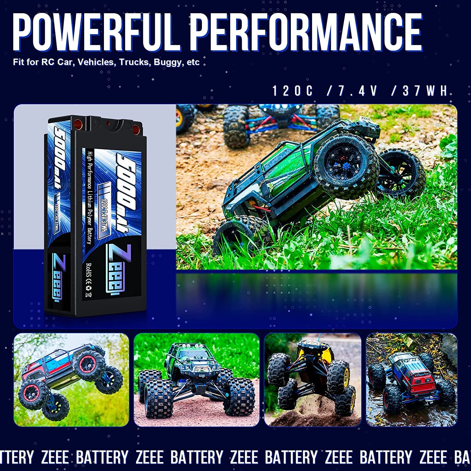 Zeee 2S Lipo Batteria 5000mAh 7.4V 120C con 5mm Bullet to Deans Plug Batteria Corta per Scala 1:10 Veicoli RC Auto Camion Barca Modelli RC (2 Pezzi)