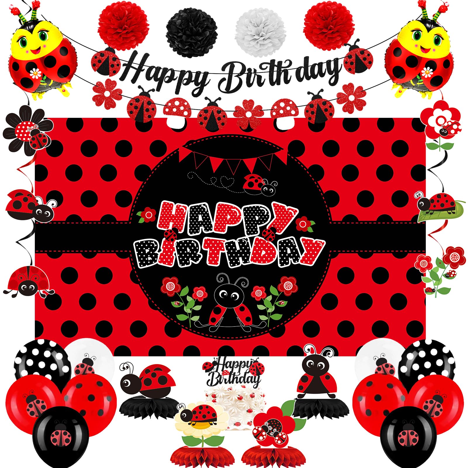 Amazon.com: Vlipoeasn Ladybug Birthday Decorations for Girls, Red Black ...