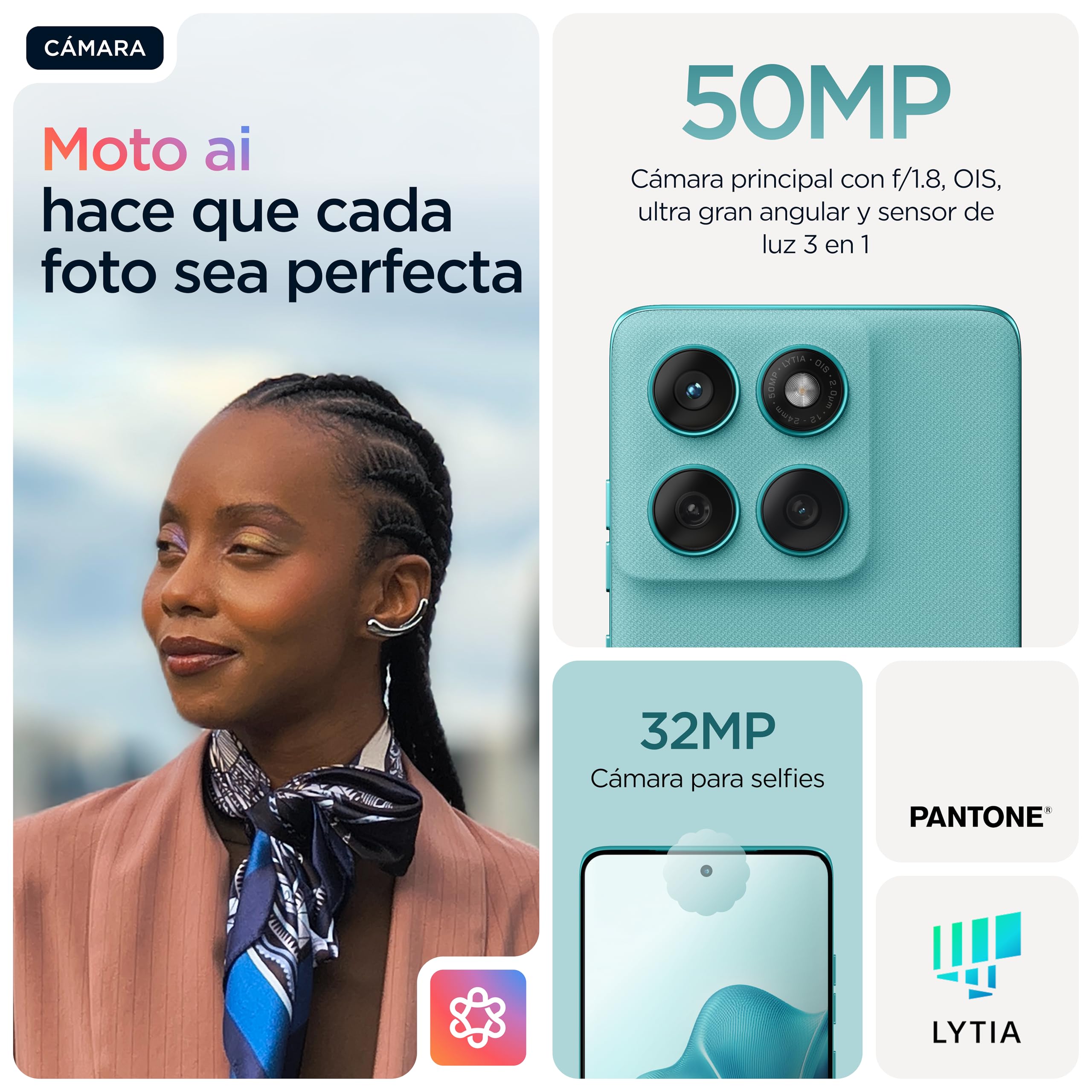 Edge 60 Fusion 24GB (8GB+16GB RAM Boost)/256GB Amazonite, España. Diseño de cuádruple Curva. Cámara Sony LYTIA™ de 50 MP. Pantalla Brillante con resolución Super HD (1220p) y 4500 nits. 5100 mAh