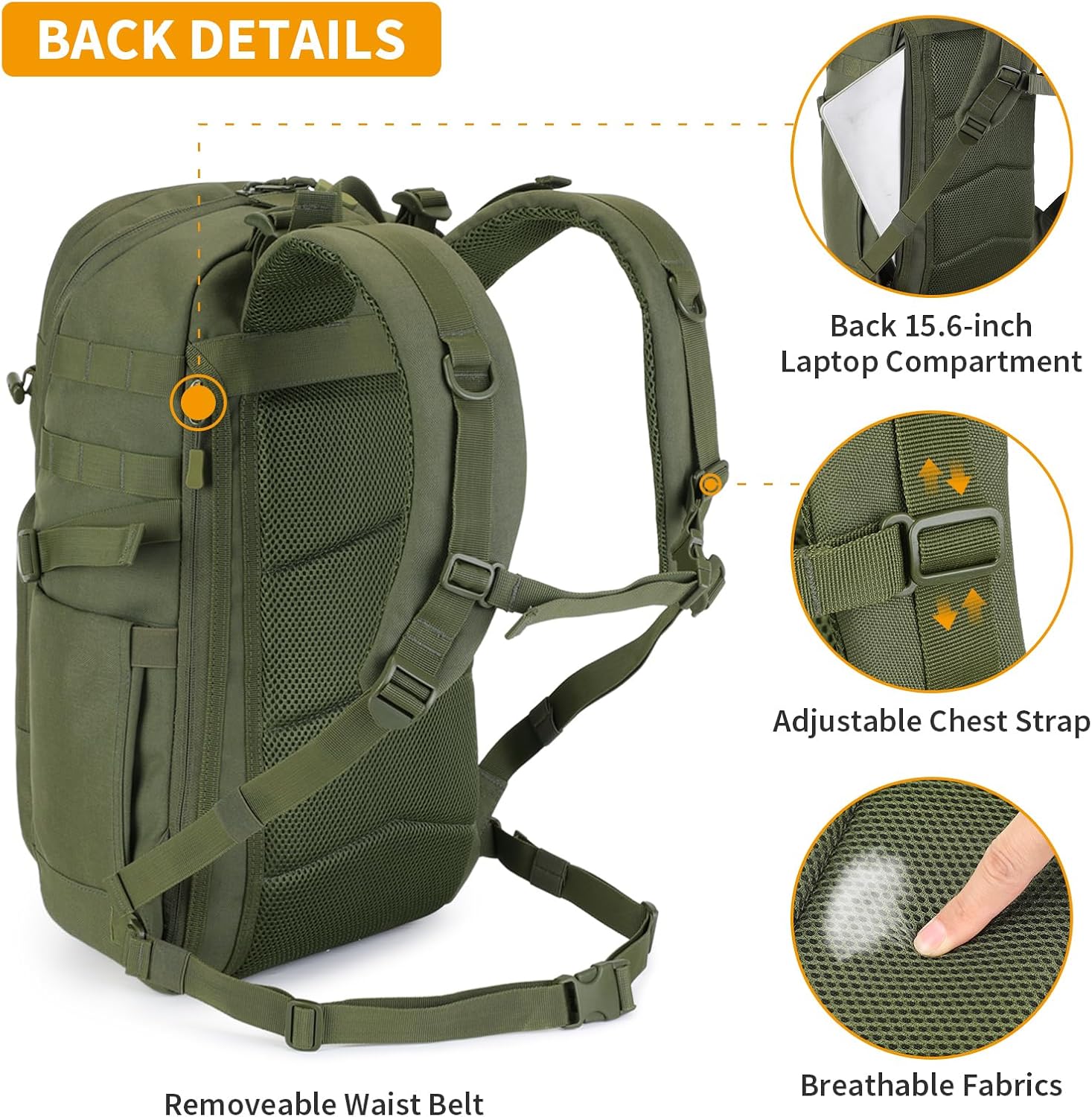 HUNTVP Tactical Backpack for Men 35L Military Backpack MOLLE 1000D Army Daypack 3 Day Bug Out Bag for Work Camping Hiking Outdoor, Army Green