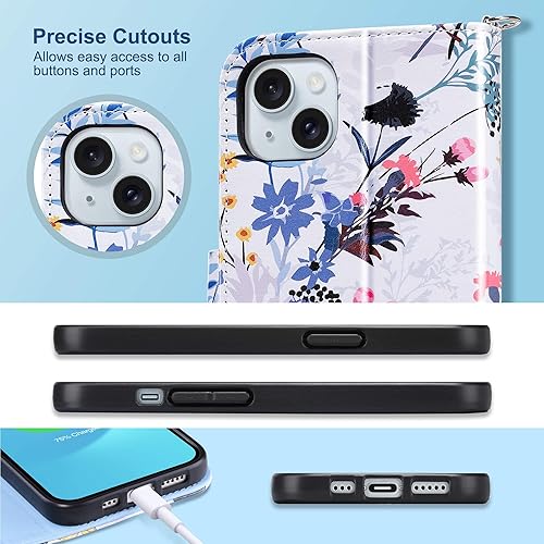 Miniatura 9 de ULAK Funda de piel sintética de primera calidad con tarjetero y función atril para iPhone 15 de 6.1 pulgadas, diseño floral de piel sintética con