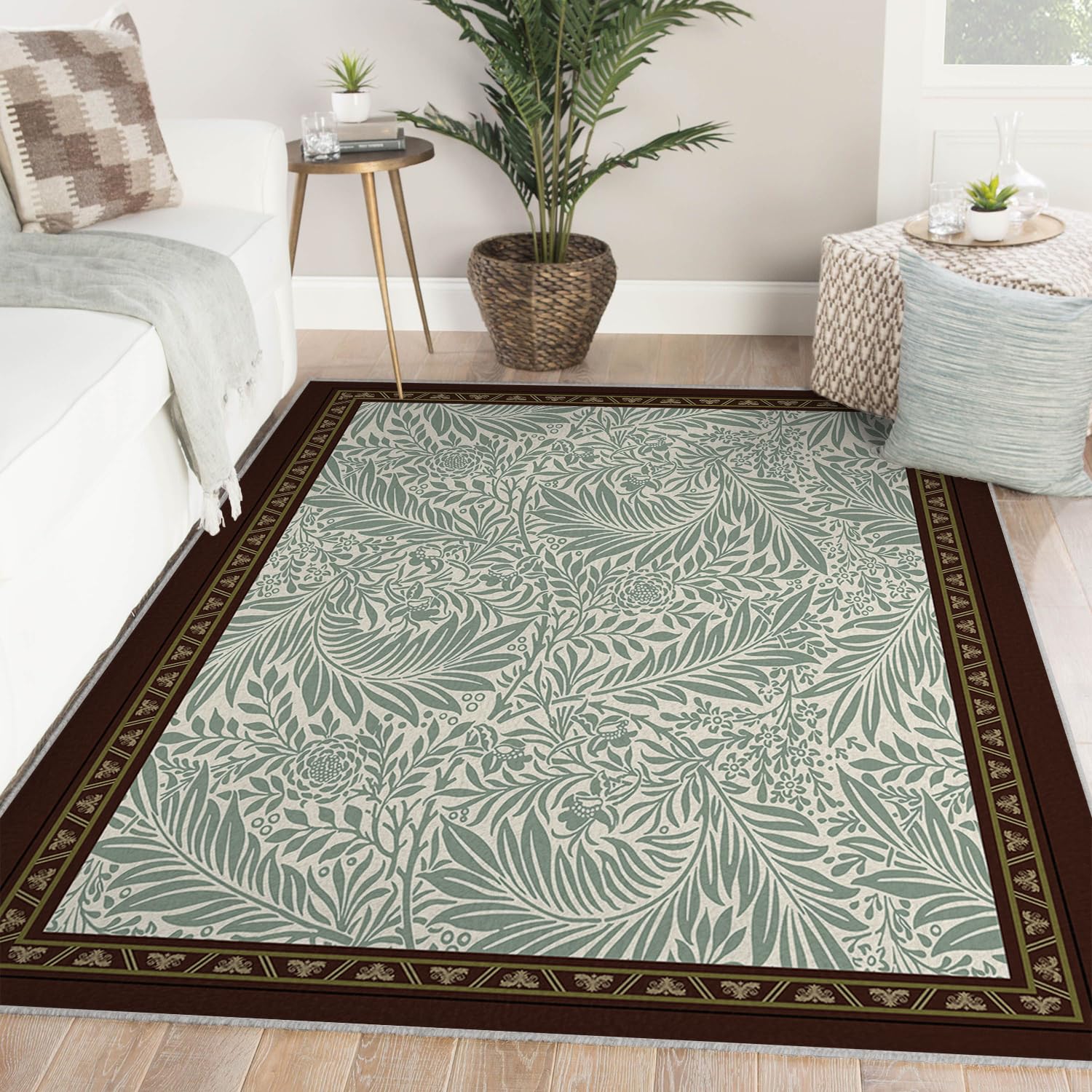 Moquette douillette à poils bas et tapis lavable bohème feuilles 80x150