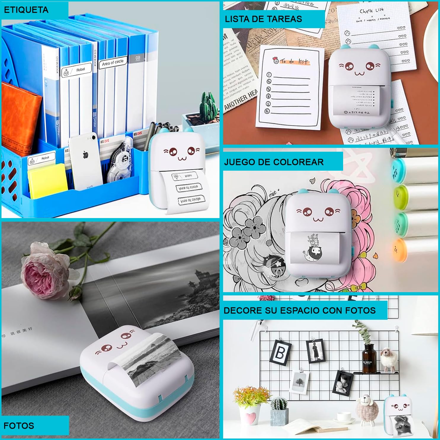Mini Impresora Termica para Movil Compatible con iOS, Android Impresora Portatil Recargable Impresora Bluetooth, 16 Rollos de Papel (Azul)