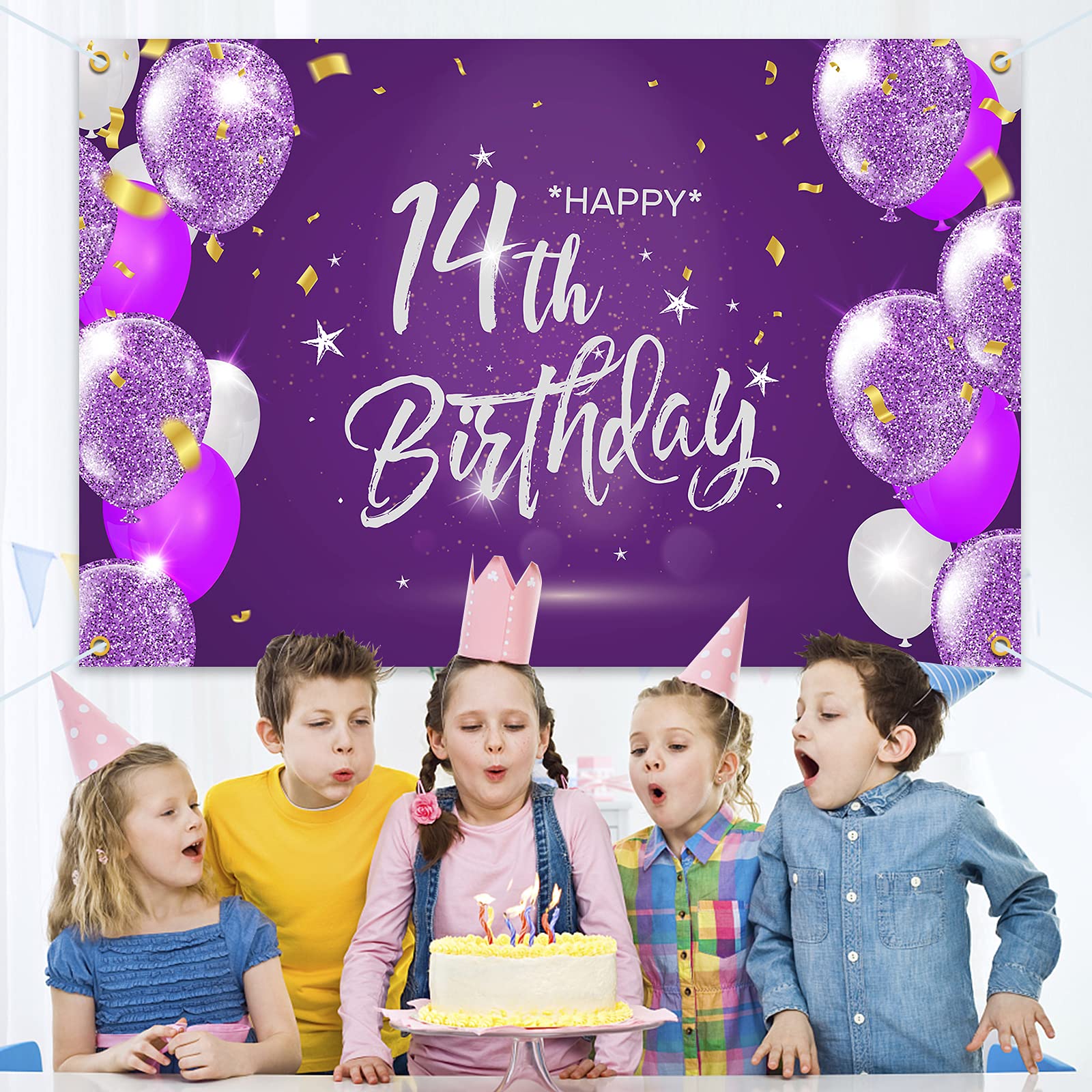 Happy 14th Birthday Backdrop Banner - 6x4ft Purple Party Decor For Girls