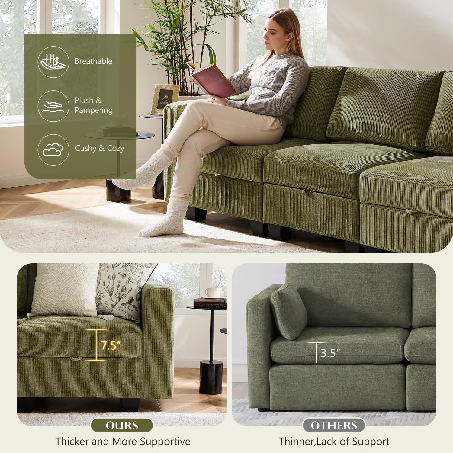 ABCASA Oversized Modular Sofa Couch with Seats Storage, Comfy 3-Seater Corduroy Fabric Couch for Living Room, Office, Apart W/Deep Seat, High Backrest, Green
