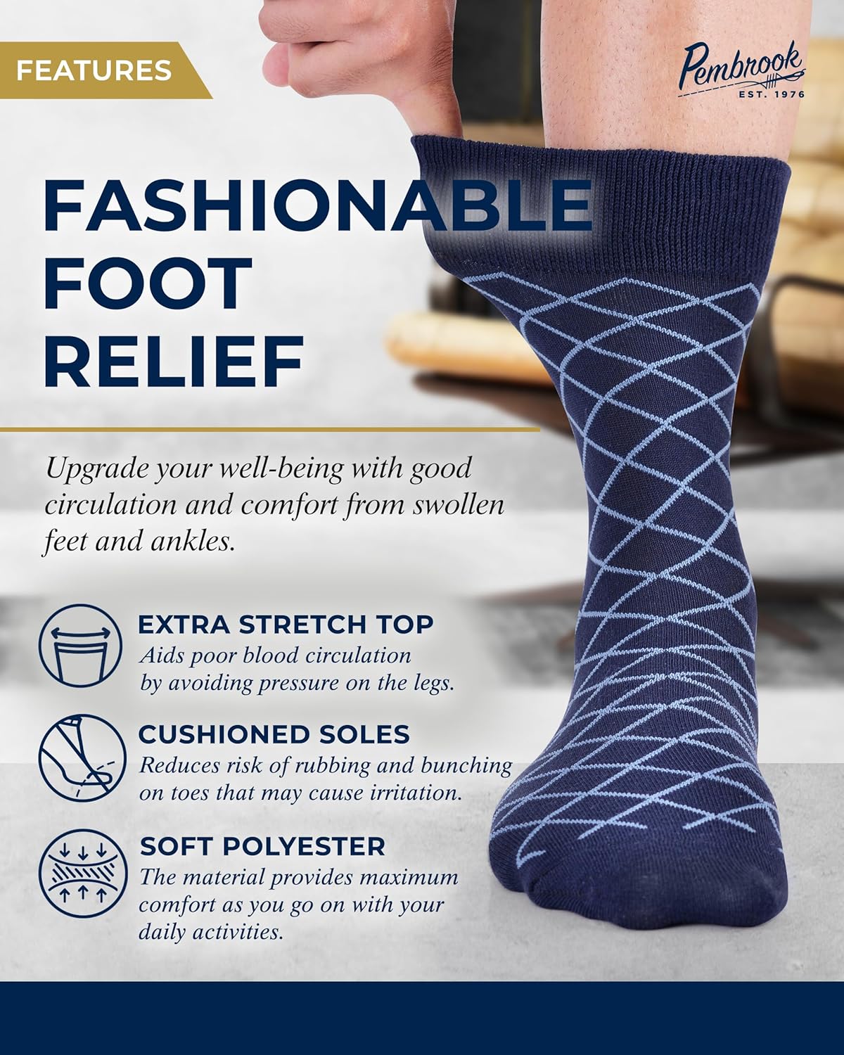 Pembrook Diabetic Dress Socks for Men - 4 Pairs Odor Free Stylish Diabetic Socks for Men Work | Mens Diabetic Socks Casual - Image 2