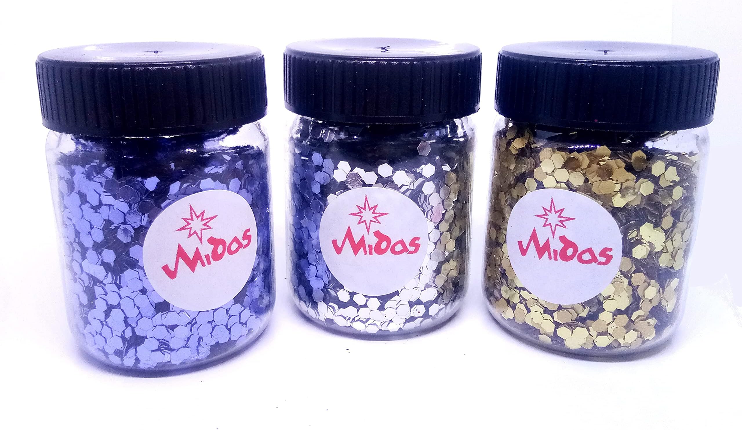Midas - Unique Midas 2.5 mm Hex Chunky Hexagons Shaped Glitter for Face, Resin Art, Body, Eye Hair, Nail Art, Festival, DIY Art - Pack of 3 (30 gm Each)