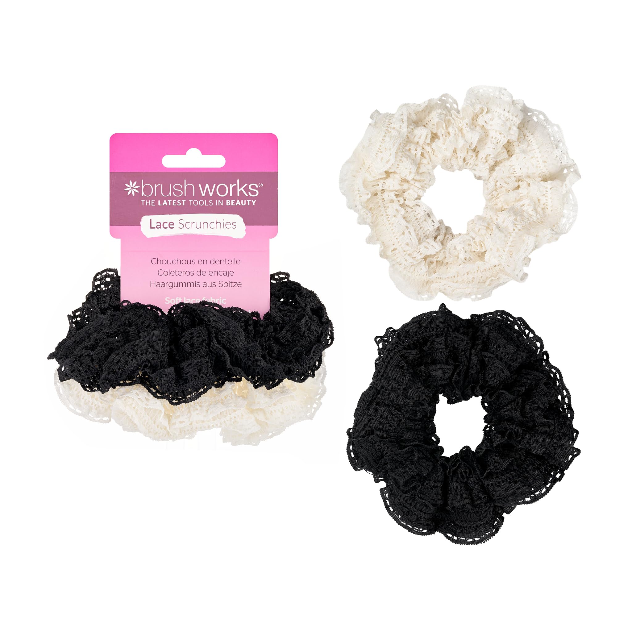 Brushworks Lace Scrunchies - 2 Pack of Black & White Hair Accessories, Soft, Gentle Hair Ties for Elegant Everyday & Evening Hairstyles