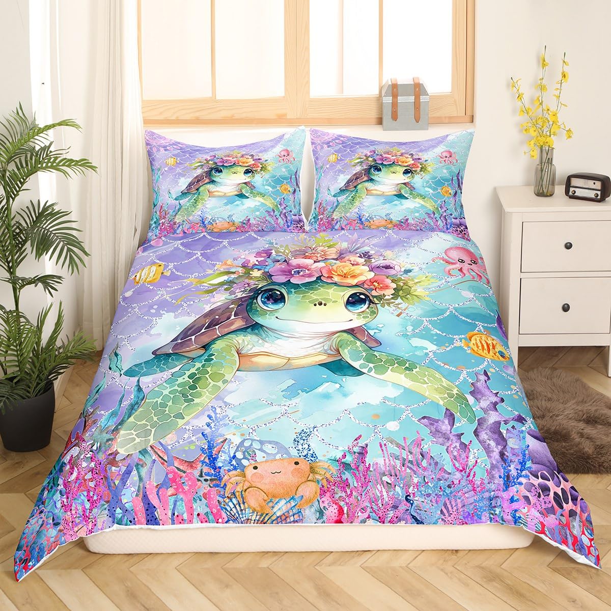 Feelyou Sea Turtle Bedding Set Twin Size Animal Blue Coastal Comforter Cover Set for Boys Girls Mermaid Scales Beach Coastal Duvet Cover Breathable Ocean Summer Bedspread Cover Room Decor Quilt Cover