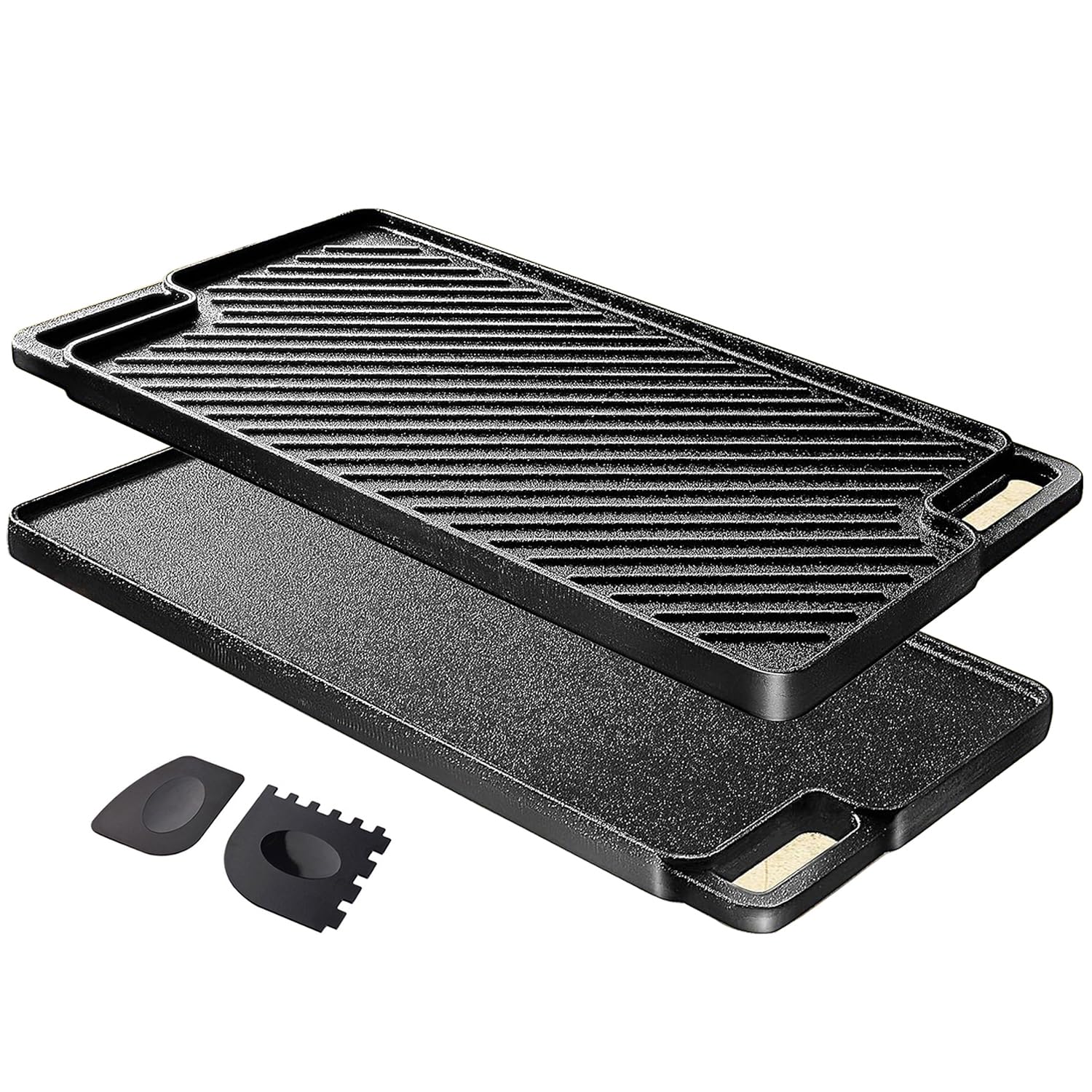 Parrilla reversible de hierro fundido de 17 x 9.8 pulgadas con asas para estufa de gas, horno de fuego abierto, una bandeja, raspadores incluidos